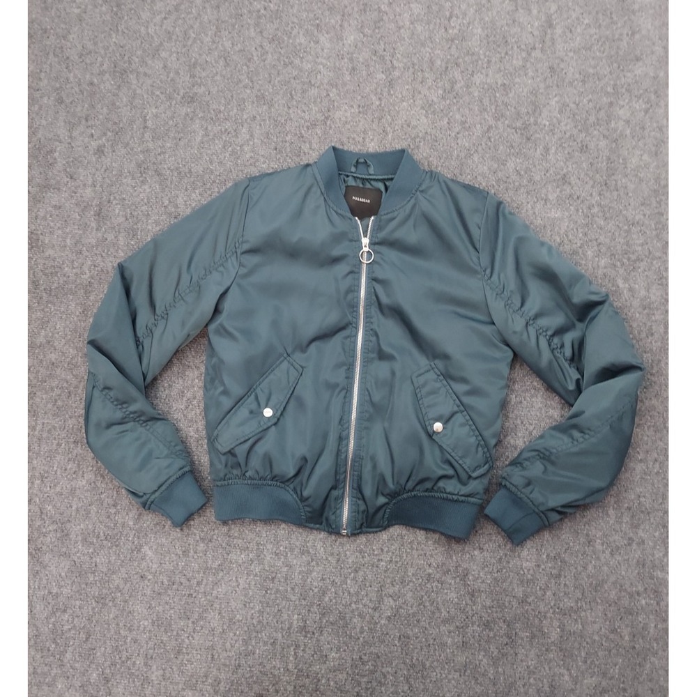Pull & Bear Satin Jacket Womens Small Blue Full Zip  Pockets Bomber Racer Cafe